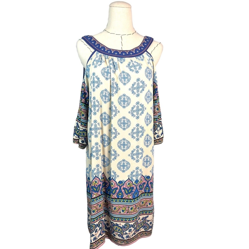 Flying Tomato Cream and Blue Cold-Shoulder Boho Dress